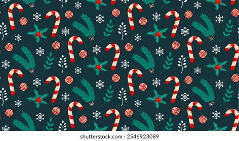 Seamless pattern with candy cane, fir branch, twigs, swirl candies, holly and snowflakes. Merry Christmas and Happy New Year design. 