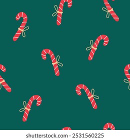 Seamless pattern with candy cane on green background. Christmas and New Year. Vector illustration.