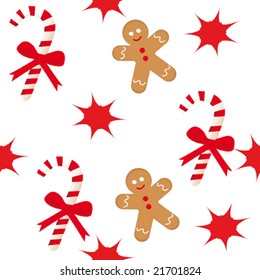 Seamless pattern with candy cane, star and gingerbread man. Vector illustration.