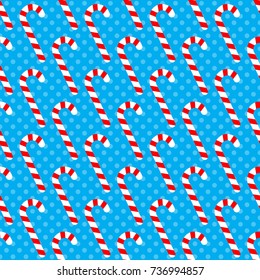 Seamless pattern with candy canes, Christmas vector, polka-dot background