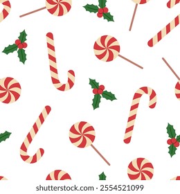 Seamless pattern with candy canes, lollipops and holly on white background. Traditional red and white Christmas sweets. Vector flat illustration for wallpaper, textile, packaging