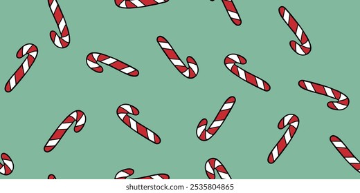 Seamless pattern with candy canes on mint green, doodle style vector