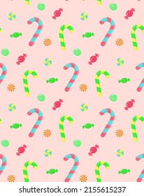 Seamless pattern with candy canes, swirl caramels and wrapped candies. Vector illustration.