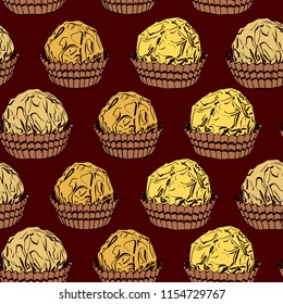 Seamless pattern Candy chocolate truffles in foil and paper cup. Drawing by hand sketch doodles. Golden yellow brown color. Vector illustration