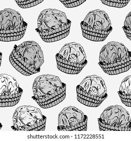 Seamless pattern Candy chocolate truffles in foil and paper cup. Drawing by hand sketch doodles. Gray black white. Vector