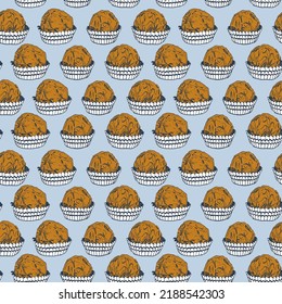 Seamless pattern Candy chocolate truffles in foil and paper cup. Drawing by hand sketch doodles. beige blue navy white brown copper on gray background. Can be used for design menu. Vector