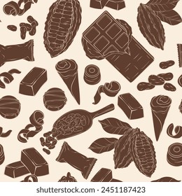 Seamless pattern with candy, Cocoa Beans, Chips, and Chocolate Bar background. Vector illustration.