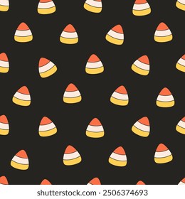 Seamless pattern with candy corn. Halloween sweets seamless pattern. Vector illustration in flat style