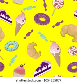 Seamless pattern with candy, donut, ice-cream and other sweets. Vector illustration