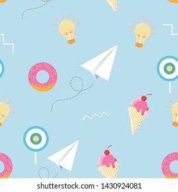 Seamless pattern with candy, donuts sweet icecream,paper plane,light bulb and other elements  EPS 10 vector and illustration.