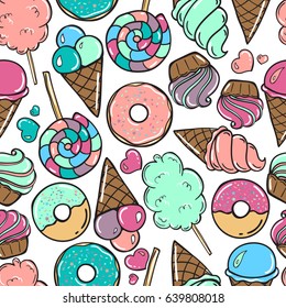 Seamless pattern with candy, donuts sweet icecream and other elements.