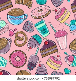 Seamless pattern with candy, donuts sweet icecream and other delicious elements.