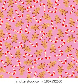 seamless pattern. candy.  ginger man. snowflakes. pink background
