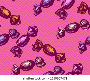 Seamless pattern with candy. Hand drawing decorative background. Vector pattern. Print for textile, cloth, wallpaper, scrapbooking