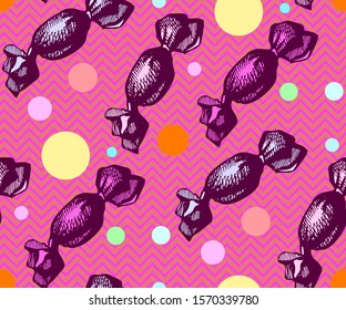 Seamless pattern with candy. Hand drawing decorative background. Vector pattern. Print for textile, cloth, wallpaper, scrapbooking