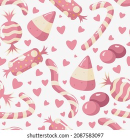 Seamless pattern with candy heart surrounded by different sweets. Kawaii pattern in a flat style.