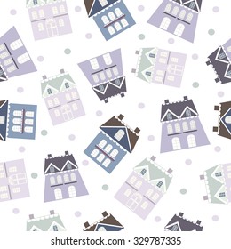 Seamless pattern of candy houses made in pastel colors. Country houses with windows, roof, doors covered with snow. Winter houses in cartoon style. Vector illustration.  Repeating pattern.