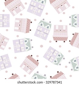 Seamless pattern of candy houses made in pastel colors. Country houses with windows, roof, doors covered with snow. Winter houses in cartoon style. Vector illustration.  Repeating pattern. 