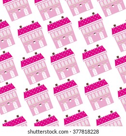 Seamless pattern of candy houses made in pastel colors. Country houses with windows, roof, doors covered with snow. Winter houses in cartoon style. Vector illustration. Repeating pattern. 