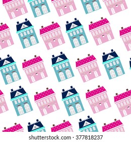 Seamless pattern of candy houses made in pastel colors. Country houses with windows, roof, doors covered with snow. Winter houses in cartoon style. Vector illustration. Repeating pattern. 