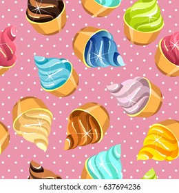 Seamless pattern of candy ice cream cone on pink background with dots