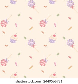 Seamless pattern candy lollipops cup cakes refreshing and cute hand drawn pastel style girls and babies