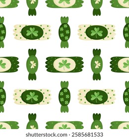 Seamless pattern of candy on white background. Trefoil. Vector illustration for saint patrick's day.