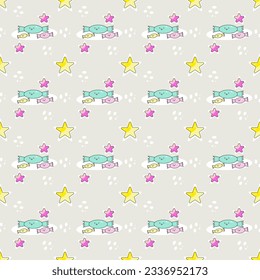 Seamless pattern candy and star cartoon for wallpaper, fabric, clothing,backdrop,texture, wrapping paper, notebook cover ,curtain,pillow case and stationary.