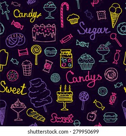 Patrón sin fisuras de dulces, pasteles, dulces y postres. Ilustraciones vectoriales dibujadas a mano