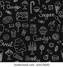 Seamless pattern of candys, cakes, sweets and desserts. Hand drawn vector illustration