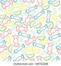 Seamless pattern with candys, green, yellow, red and blue colors.