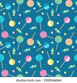 Seamless Pattern Candys, Turquoise, Pink, Yellow Candys on a Blue Background, Vector Illustration