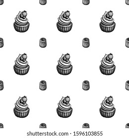 Seamless pattern with canele and rum baba. French pastries. Ink sketch on white background. Hand drawn vector illustration. Retro style.