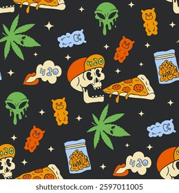  seamless pattern with cannabis alien skull and pizza, bright vector