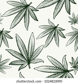 Seamless pattern with Cannabis engraved leaves on white background. In vintage grunge style. Graphic design for clothes, shirt, apparel, logo. Vector illustration