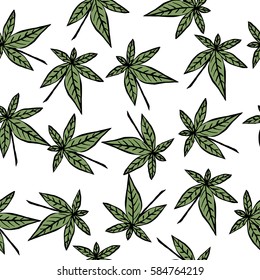 Seamless pattern with cannabis. Green stylized hemp leaves.