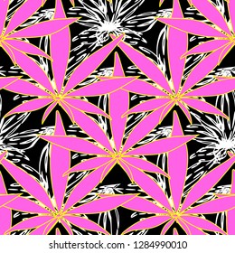 seamless pattern cannabis hemp pink abstract print on fabric items of clothing T-shirts chezhla on phone plastic silk-screen printing on a black background bong