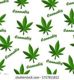Seamless pattern cannabis herb leaf and lettering. Textured background of drugs, marijuana and logo.