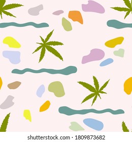 patrón inquebrantable marihuana de hojas de cannabis manchas multicolores unen humo. vector de estilo de dibujos animados para impresión en papel pintado, papel, tela, ropa, web