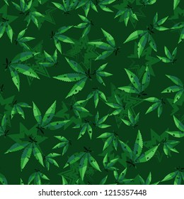 Seamless pattern. Cannabis leaves against the background of seven-pointed stars. Editable.