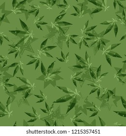 Seamless pattern. Cannabis leaves against the background of seven-pointed stars. Editable.