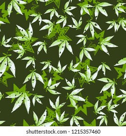 Seamless pattern. Cannabis leaves against the background of seven-pointed stars. Editable.