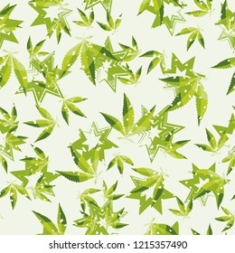 Seamless pattern. Cannabis leaves against the background of seven-pointed stars. Editable.