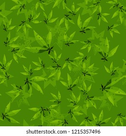 Seamless pattern. Cannabis leaves against the background of seven-pointed stars. Editable.
