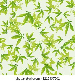 Seamless pattern. Cannabis leaves against the background of seven-pointed stars. Editable.
