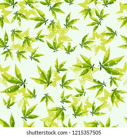 Seamless pattern. Cannabis leaves against the background of seven-pointed stars. Editable.