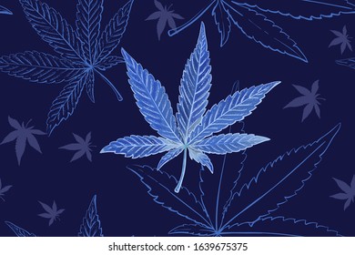Seamless pattern of cannabis leaves. Pattern of blue or turquoise marijuana leaf.