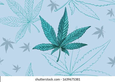 Seamless pattern of cannabis leaves. Pattern of blue or turquoise marijuana leaf.