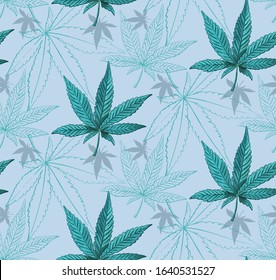 Seamless pattern of cannabis leaves. Pattern of blue or turquoise marijuana leaf.