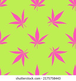 Seamless pattern with cannabis leaves in a bright neon palette. Pink marijuana leaves on a green background. Ornament for fabric, wrapping paper, banner, digital paper.